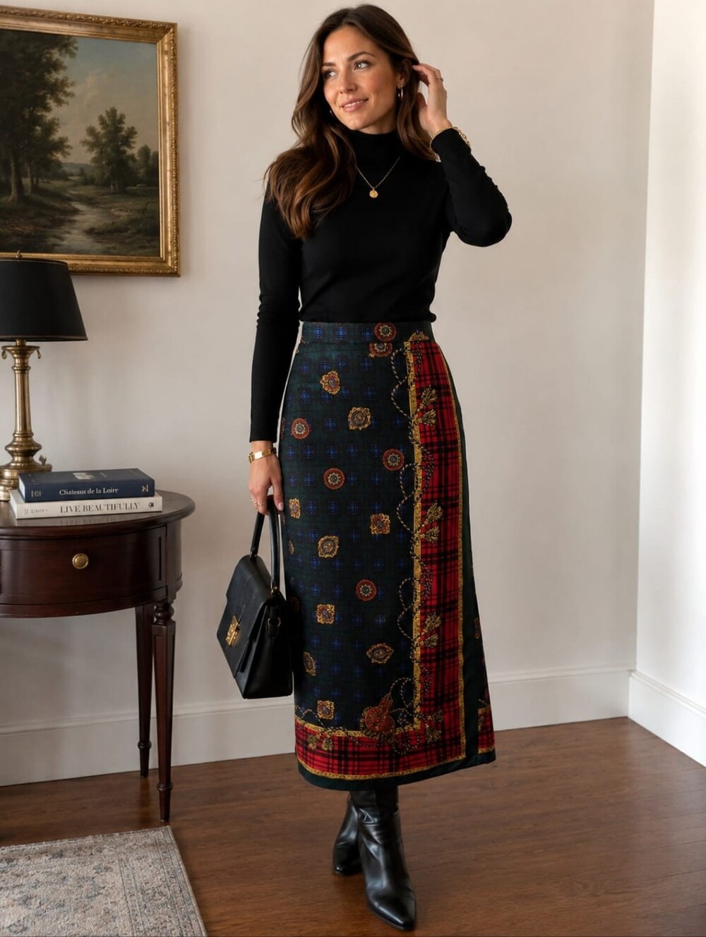 Vintage Talbots 100% Silk Paisley Plaid baroque Skirt Size 8 – Classic .midi